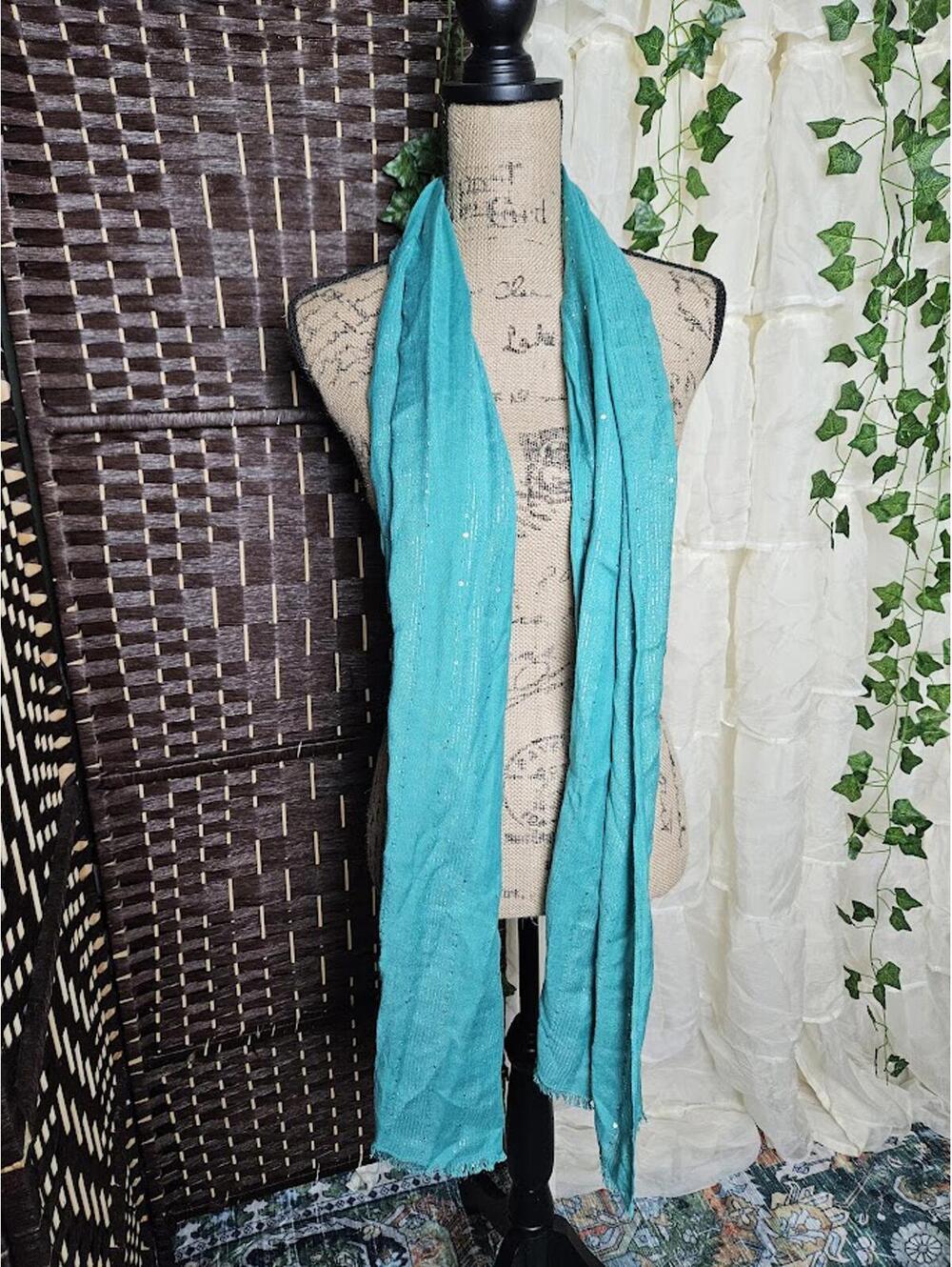 Teal Sparkly Scarf Shimmer Lightweight Fairycore Mermaid Boho - Picture 3 of 4